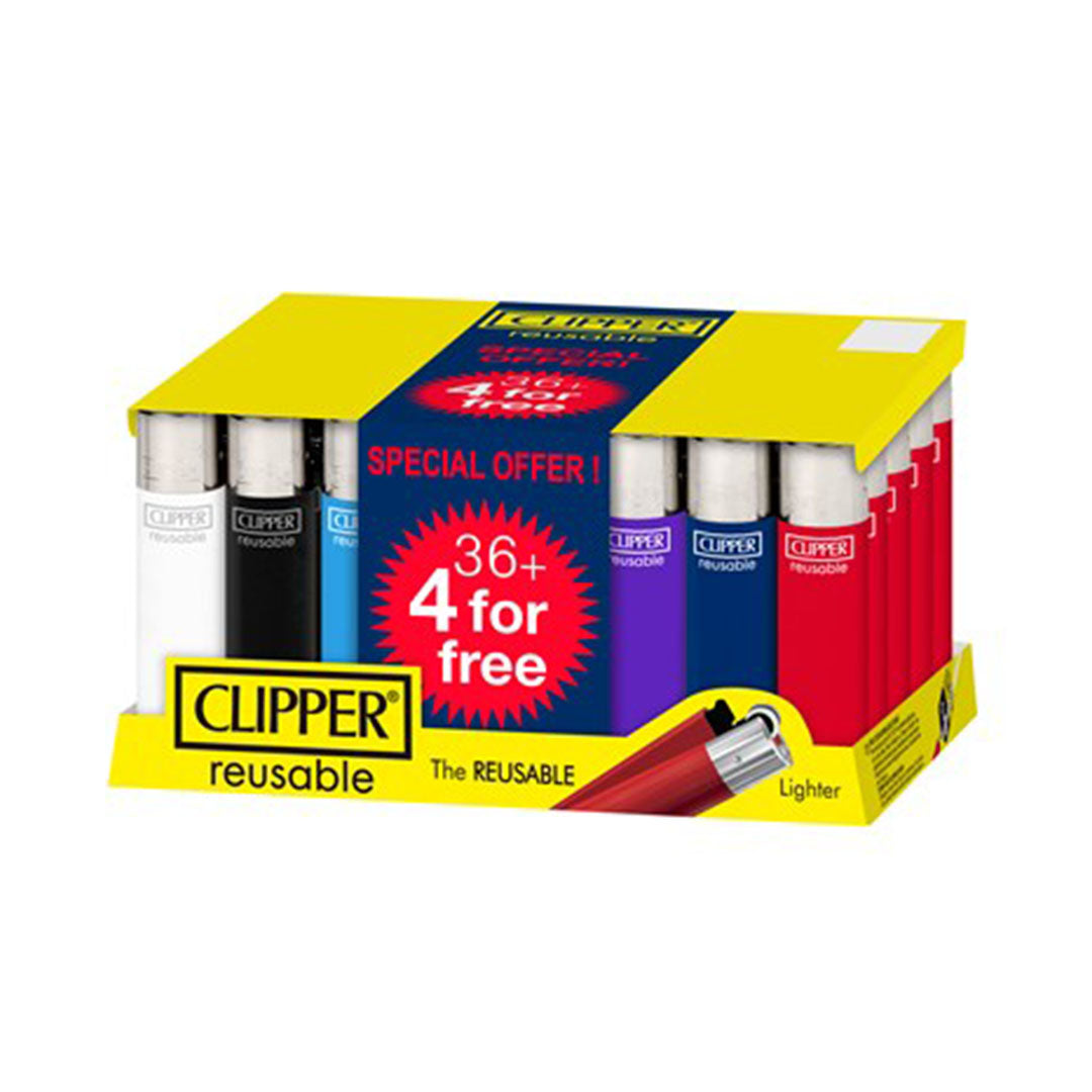 Clipper Reusable Lighter Solid Colours 36 Pack + 4 Lighters Free