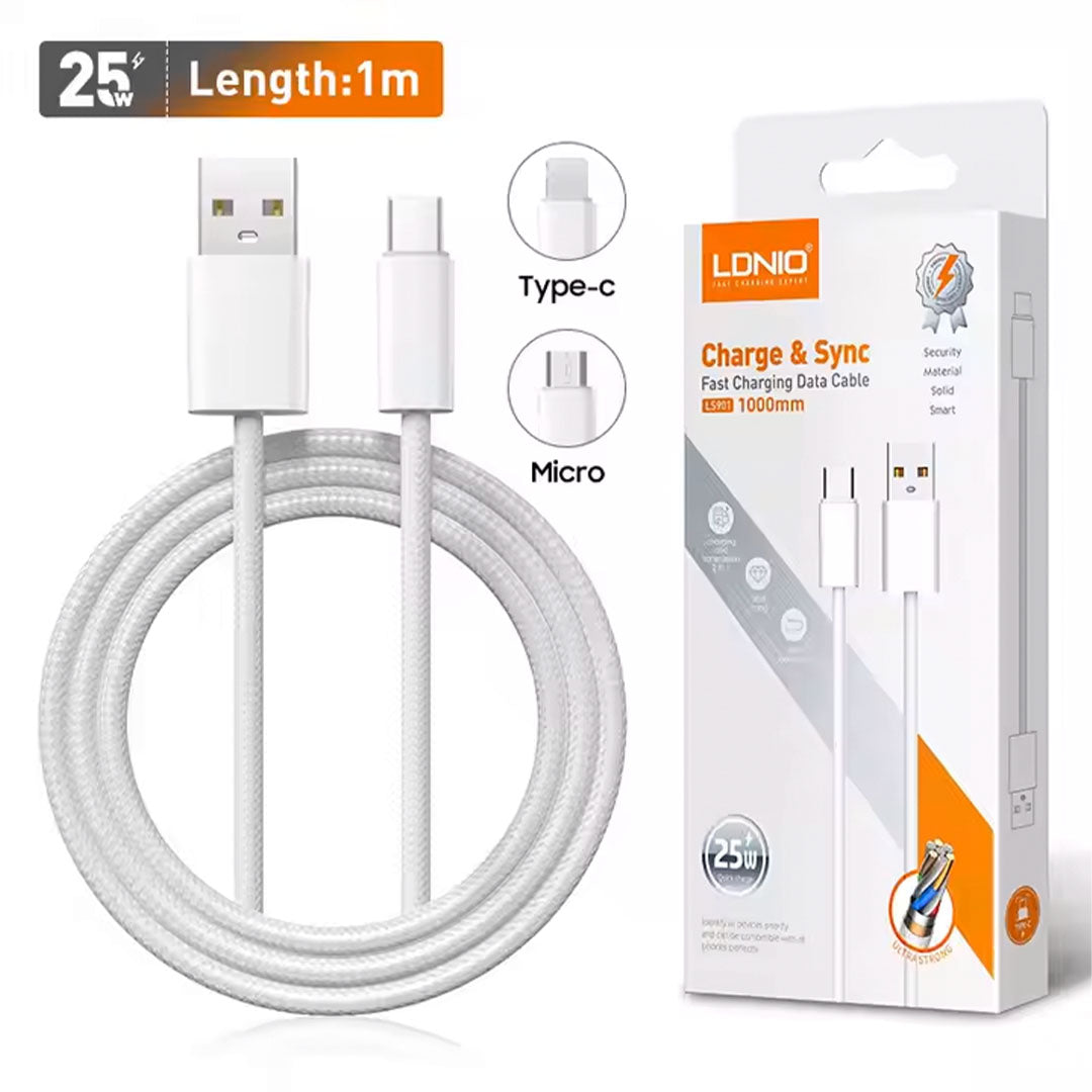 LDNIO Braided Wire 25W Fast Charging Cable Micro & IOS & Type C